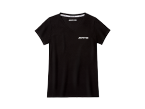 Women's T-shirt. Black with white and silver contrasts. 95% cotton / 5% elastane single jersey. Reflective AMG GT headlamp motif on back. Slim Fit. Size XS-XL.