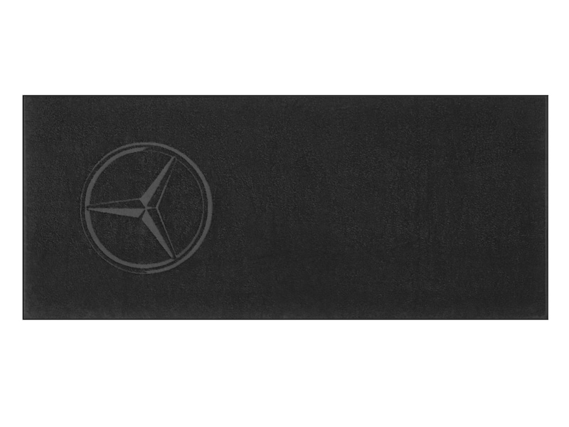 Shower/beach towel. Black. 100% cotton. Tonal Mercedes star woven into the design. Made for Mercedes-Benz by möve. Made in Germany. Size approx. 80 x 180 cm.