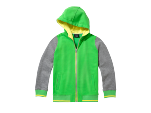 Children's sweat jacket. Green with yellow and grey marl contrasts. 65% cotton/35% polyester. Side pockets. "since" embroidery and appliqué, used-look "86" print on the back. Sizes 116/122-152/158.