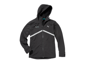 Men's windcheater. Black. 100% polyester. PUMA DryCell technology wicks moisture away from the skin. Side pocket zips. Reflective stripes on the front and rear. Adjustable Velcro fastener cuffs. MERCEDES AMG PETRONAS MOTORSPORT logo print and PUMA Cat logo on front. Sizes XS-XXL.