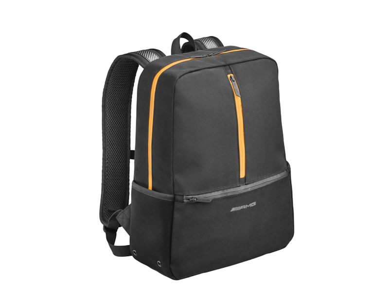 Mercedes-AMG GT rucksack. Black. Polyamide/polyester. Main compartment with zipper, various compartments on inside and outside. Cup holders on the sides. Padded rear. Adjustable carrier system in a carbon look. Adjustable chest buckle. Mercedes-AMG print Dimensions approx. 34 x 12 x 44 cm.
