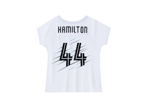 Women's T-shirt. White. 44% modal/42% cotton/14% nylon. Three-coloured neck band. Three-coloured circle on the right sleeve. MERCEDES AMG PETRONAS MOTORSPORT logo print and "44" print on the front, Hamilton and driver number "44" print on the rear. Regular fit. Size XS-XL.