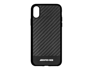 AMG case for iPhone® X/iPhone® XS. Black/carbon fibre. Polycarbonate/polyurethane/carbon. Apertures for camera, control buttons and connections. AMG logo. Suitable for wireless charging.