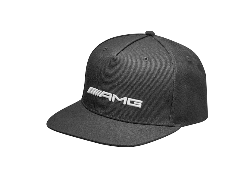 AMG flat brim cap. Black. 80% polyacrylic / 20% wool. 5-panel cap. Adjustable fit.