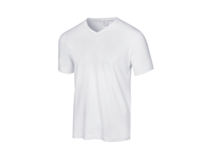 Men's T-shirt.100% cotton, single jersey.Short V neck. Tonal neck band with silver gray stripe. Modern fit.Sizes XS–XXL