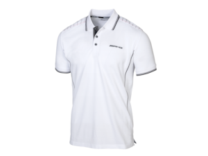 AMG men's polo shirt. White with grey and black contrasts. 100% cotton piqué. Padding in shoulder area. Black AMG logo embroidered on front and on collar band. Large 3D AMG print on back in black. Sizes: S-XXL.