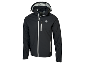 Men's softshell jacket. Black / silver-grey. 100% polyester. Zipped and size-adjustable hood. Width-adjustable cuffs and with additional elastic cuffs, which can be pulled out if necessary. Ventilation studs in underarm area. Inner lining with two attached pockets. Sizes: S-XXL.