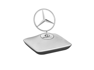 Paperweight. Silver shadow/chrome/black. Die-cast zinc. All-round chromed plastic clasp. Base underside with foam rubber coating. Original radiator grille star from the vehicle. Mercedes-Benz form language designed in Germany. Dimensions approx. 13 x 13 x 13 cm.