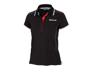 AMG ladies' polo shirt. Black with white, red and grey contrasts. 95% cotton / 5% elastane single jersey. Button bar with press-studs. Lightly padded shoulders. Slim fit. Large 3D AMG print on back. Sizes: XS-XL.