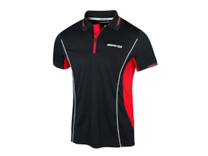 AMG men's performance polo shirt. Black/white/red. 100% Coolmax polyester. Breathable. Side inserts made of textured material. Single-rib collar and cuffs in single rib. Zip fastening. AMG logo on the chest, on the collar band and on the back. White neck band with a woven-in AMG logo. Slim fit. Sizes: S-XXL.