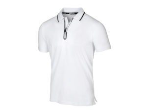 AMG men's polo shirt. White/black. 95% cotton/5% elastane. Short sleeves. Two-tone zip. Side vents. Single-rib collar. Black neck tape and side vent band with white, woven AMG logo. Black AMG logo print on inside of back. Black AMG logo print on the zip bar. AMG logo on Autolock zip puller. Slim fit. Size: S-XXL.