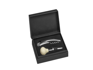 Wine set, 300 SL gear knob. Cream beige/silver-coloured. Wine stopper with wooden head in form of 300 SL gear knob. Stainless steel waiter corkscrew. In black gift box. Dimensions of packaging approx. 10.8 x 14.3 x 5.5 cm.